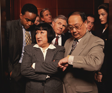 coworkers in elevator